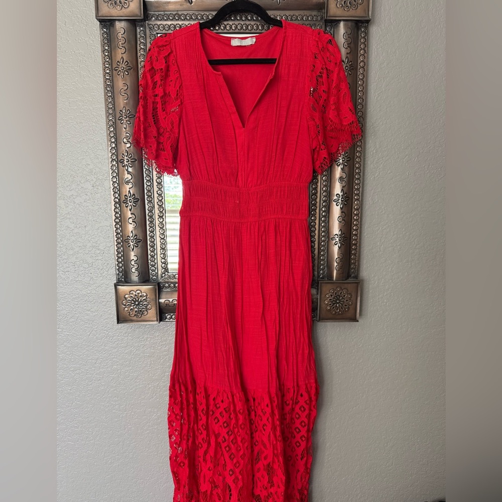 Red Lace-Trim Midi Dress - Women's Elegant Summer Dress